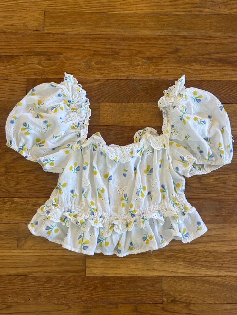 Zara White Lemon-Print Puff Sleeve Crop Top